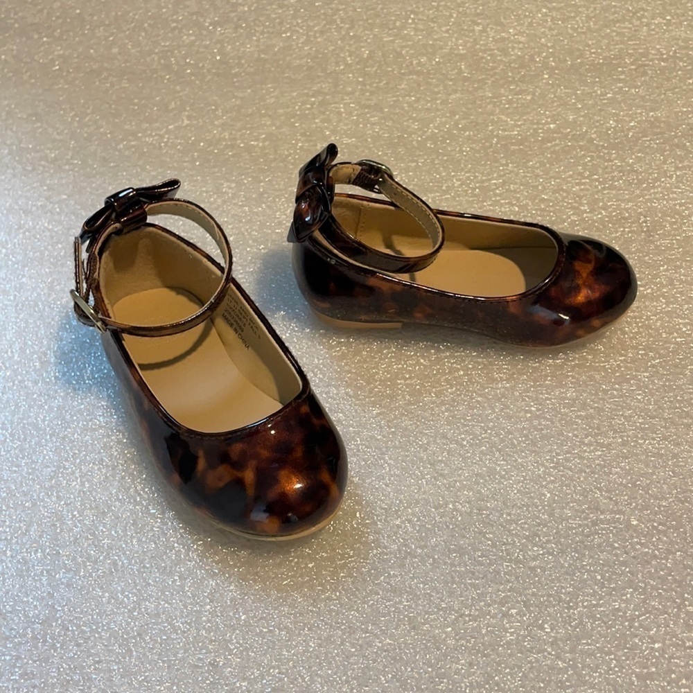 Janie and Jack Tortoise Shell leopard patent print ankle wrap bow shoes no size